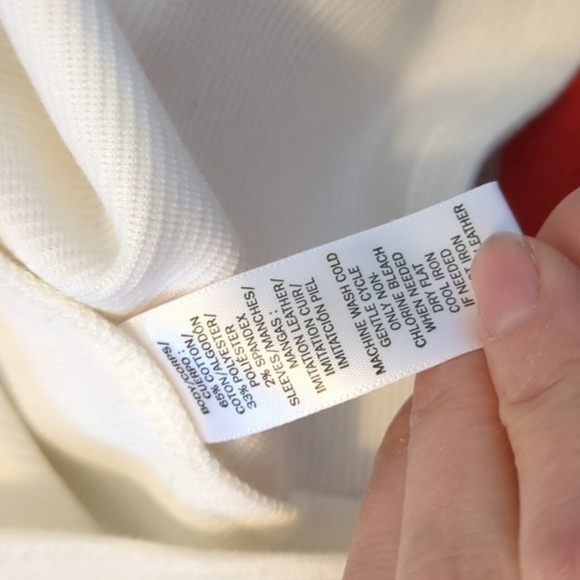 LOFT Cream Thick Textured Knit Top Leather Sleeves - Picture 5 of 5